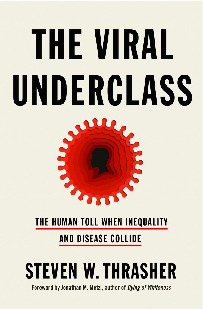 Image of book cover. White background with black text. Red graphic shaped like a virus in the center with a black silhouette of a head in the inside of it. 